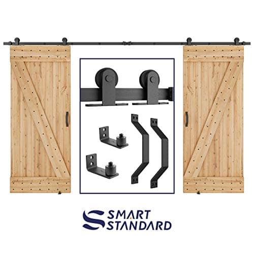 SMARTSTANDARD 12 FT Top Mount Double Sliding Barn Door Hardware Kit Whole Set, Include 2 Pull Handles & 2 Floor Guides, Fit 30" Wide DoorPanel(T Shape Hanger)