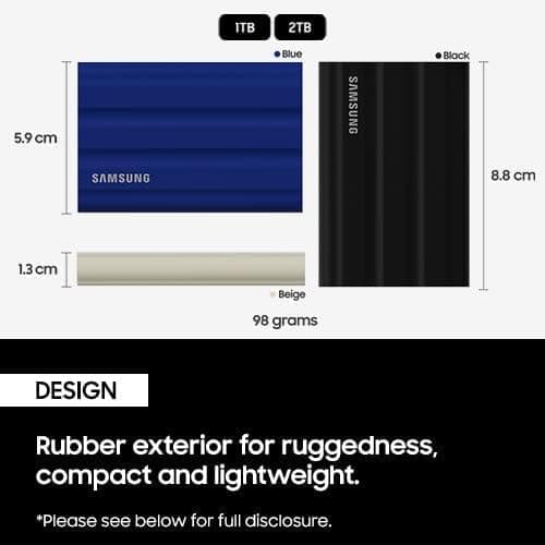 Samsung Portable T7 SSD Shield, USB 3.2 Gen 2TB, 1050MB/s Reading, 1000MB/s Write, Blue, MU-PE2T0R/WW