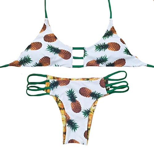Eric Hug Comfortable Women's Halter Pineapple Printed Hollow Beach 2pcs Bikini WhiteUS Small sexy