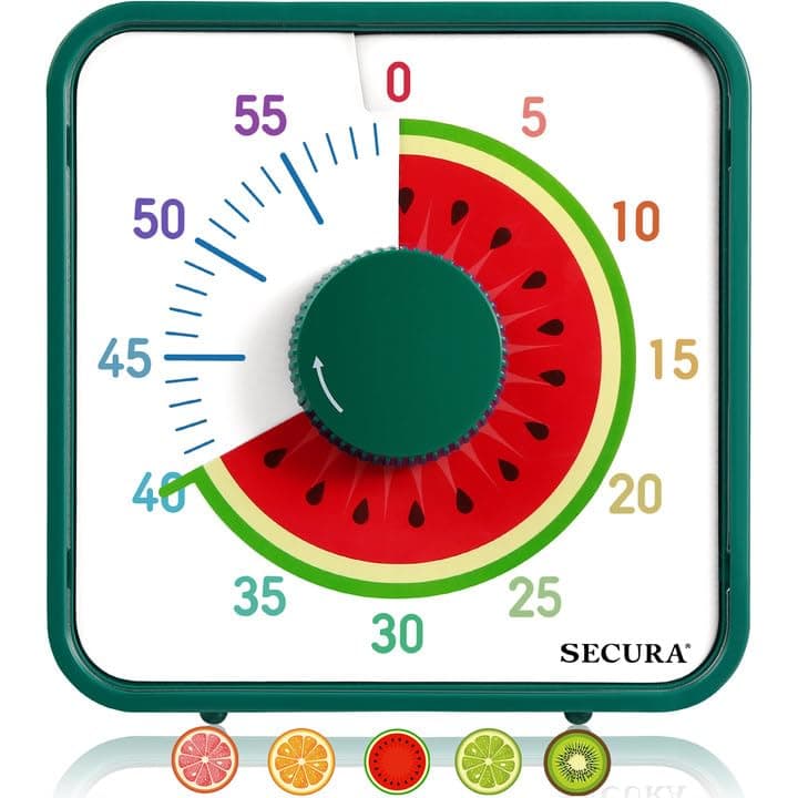 Secura7.5-Inch Fruit Visual Timer for Kids, 60-Minute Countdown Timer for Classroom or Kitchen, Durable Mechanical Timer Clock with Magnetic Backing (Watermelon)