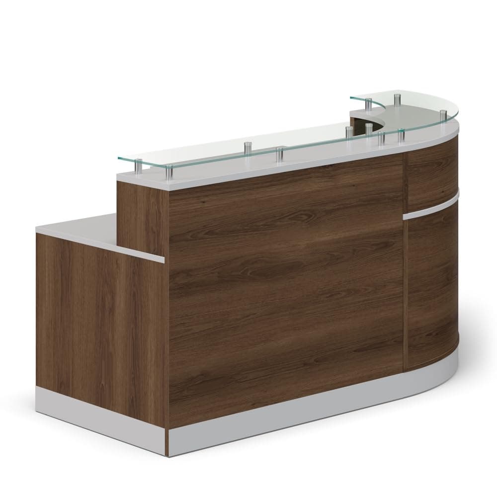 NBF L Shaped Modern Reception Desk with Counter - 79" W x 63" D Retail Checkout Counter - Curved Front Desk Reception Station - Countertop Welcome Station for Office Lobby Salon Store (Walnut)