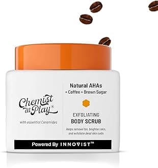 Chemist At Play Exfoliating Body Scrub For Removing Tan & Dead Skin Cells Rough Bumpy Skin, Tanned Pigmented Smooth, Soft Bright Natural Ahas Coffee Men Women 75Gm