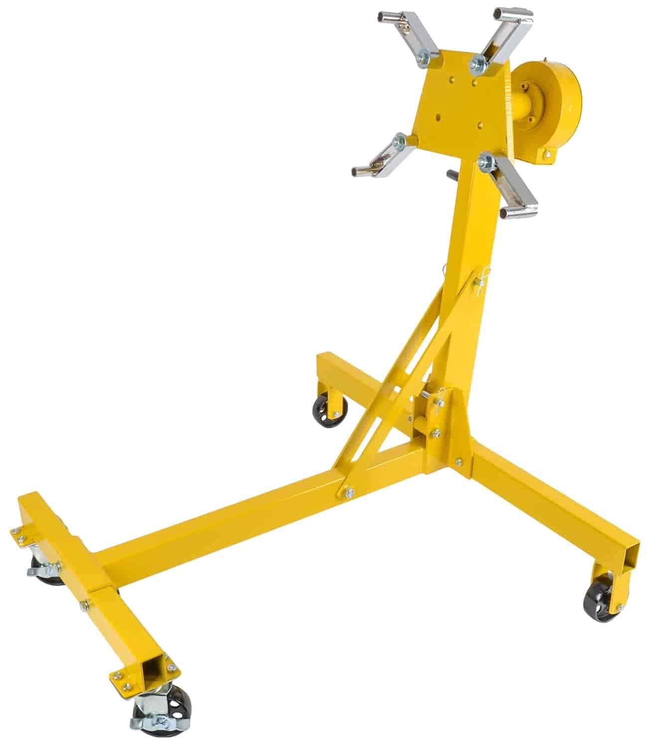 JEGS Folding Engine Stand | Geared Rotating Head | Yellow Finish | 1000 LBS Capacity | 360 Degree Adjustable Mounting Head | 4 Ball-Bearing Swivel Caster Wheels | Heavy-Duty Steel Frame
