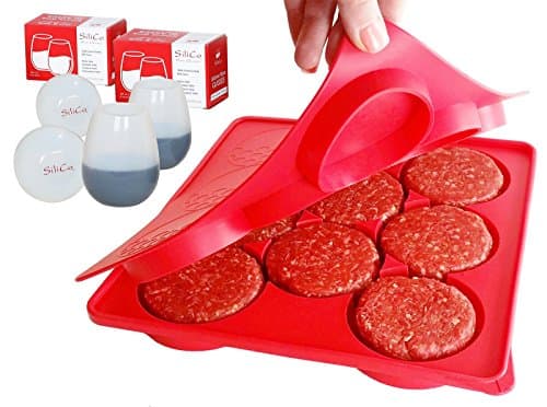 Silicone BBQ Bundle | Burger Press (8 in 1 Circular Patty) + 4 Unbreakable Wine Glasses (12 Oz) | Burger Maker | Shatterproof Cups | Food Grade Silicone