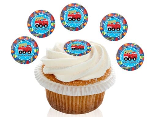 24 Pre Cut Happy Birthday Fire Engine Edible Premium Disc Wafer Birthday Cupcake Decorations Toppers - by Kreative Cakes