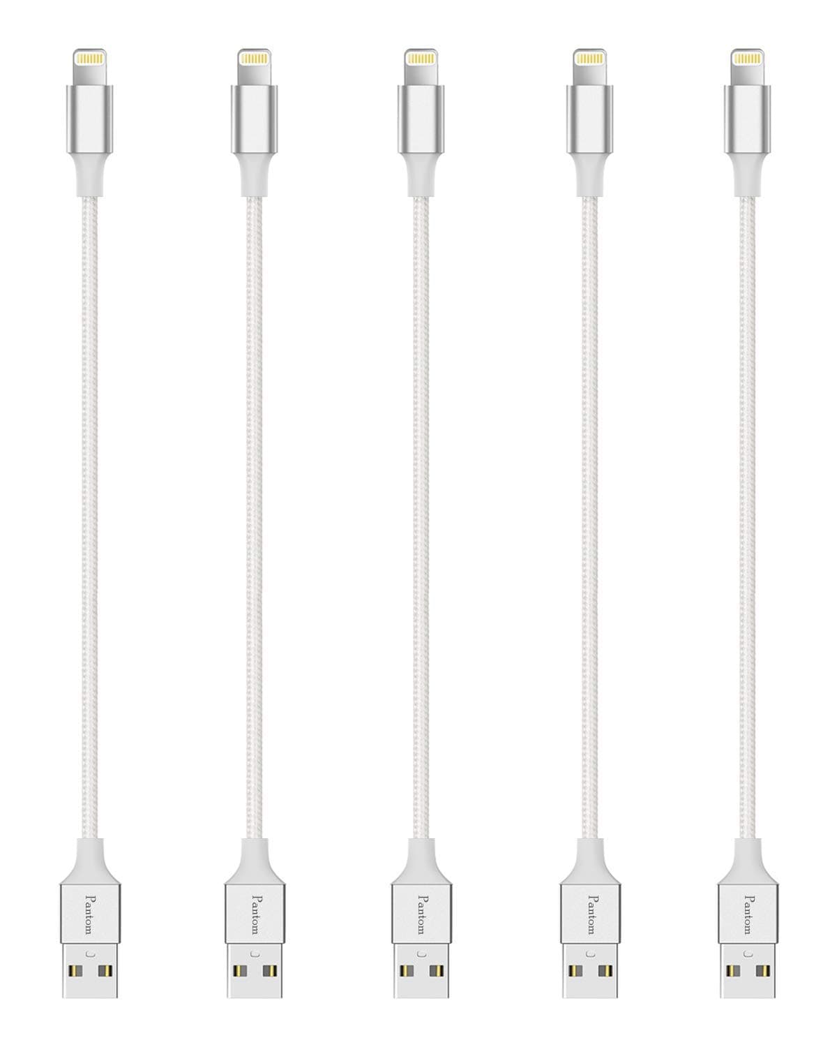 PantomCable and Charger Cord Compatible with iPhone 15/15 Pro/14/13/12/11/XS/XR/X/8/7/6s/5se/5c/5s, iPad Pro/Mini/Air, iPod Touch - Pack of 5 (Silver)