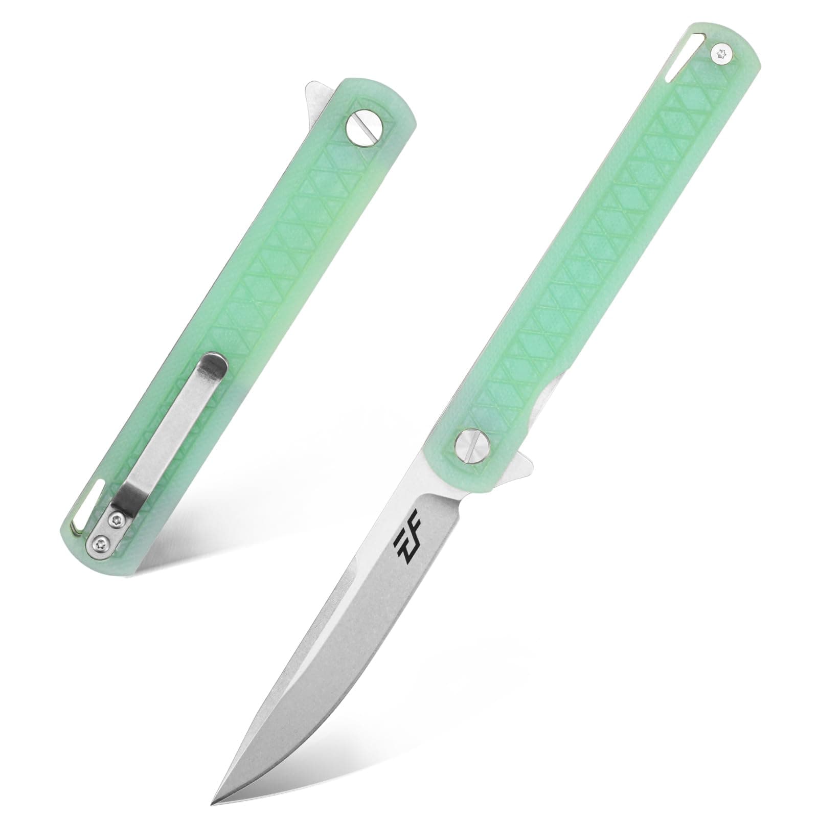 EF16 Folding Knife Flipper Ball Bearing Point D2 Blade G10 Handle with Pocket Clip Everday Carry Pocket Knife Liner Lock Camping Tactical Outdoor Multitool (Jade)