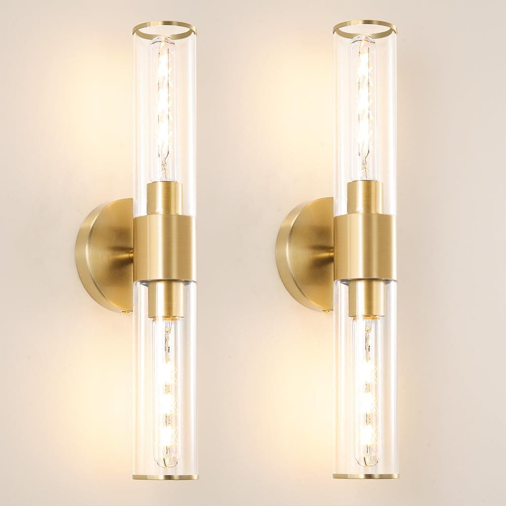 2 Light Gold Wall Sconce Set with Clear Glass