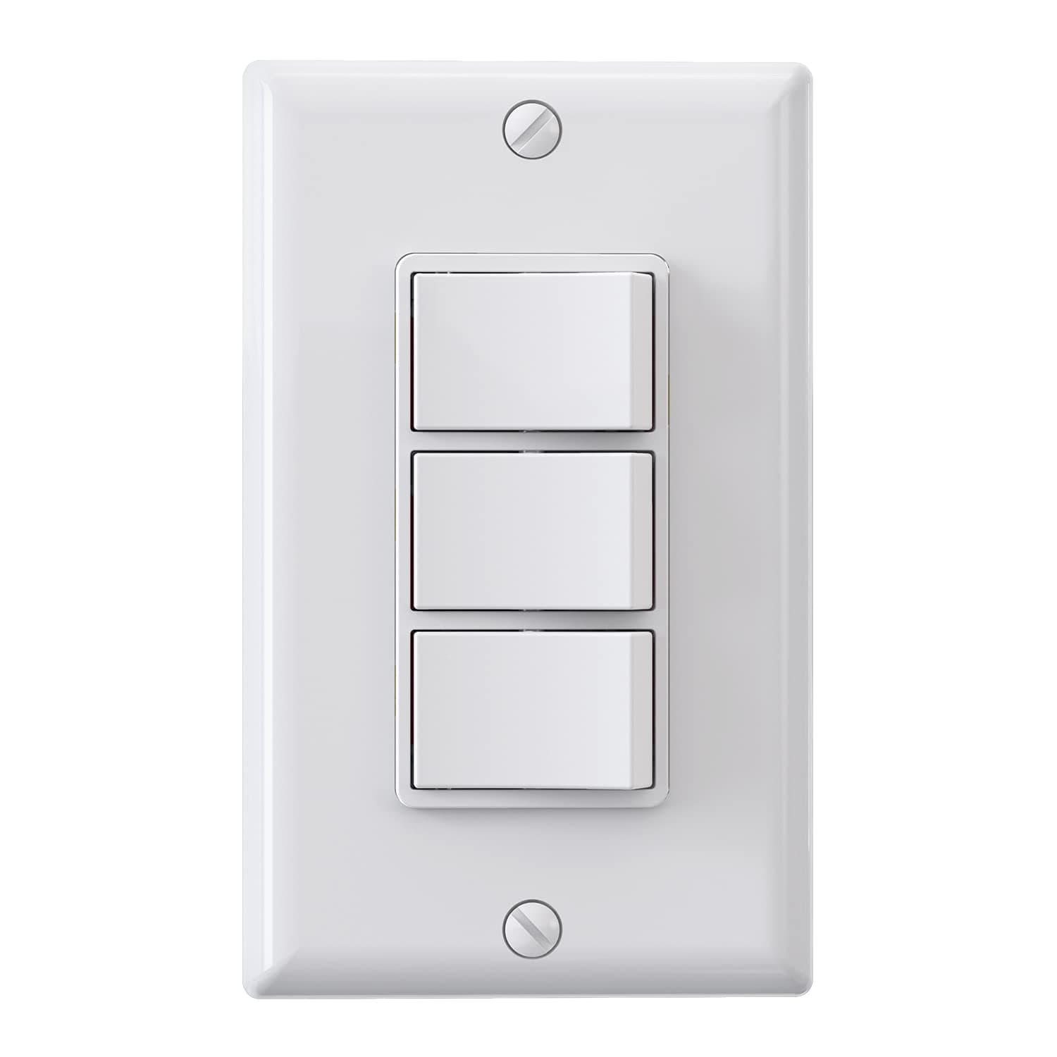 Decorator Triple Rocker Light Switch, Three Single Pole Electrical Paddle Switch, 15A 120V, in-Wall On/Off Switch, Self-grounding, Wall Plate is Included, UL Listed (1 Pack, Glossy White)
