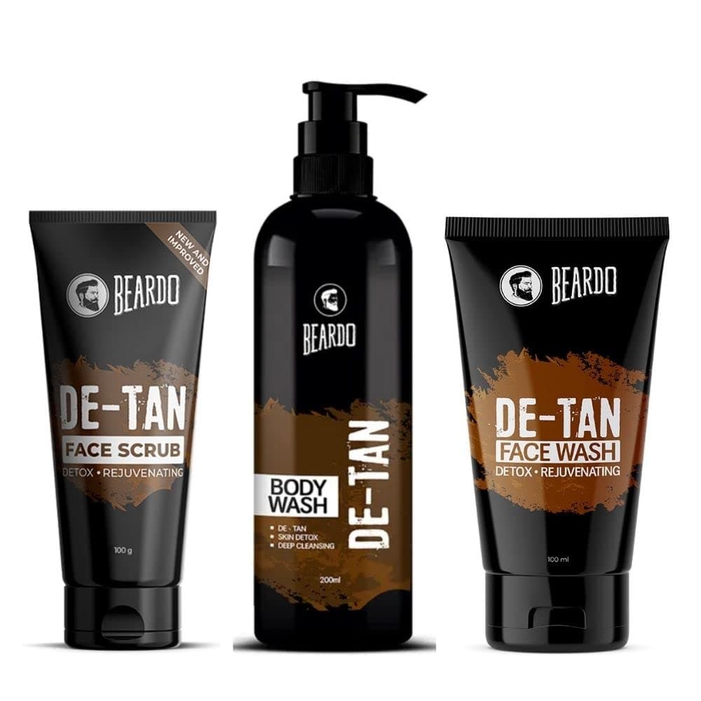 Beardo De-Tan Kit ( De-Tan Face Wash 100 ml, Face Scrub 100 gm & Body Wash 200 ml ) With Coffee & Aloe Extracts | For Blackhead, Tan and Dead Cell Removal | Natural Glow | Rejuvenates Skin
