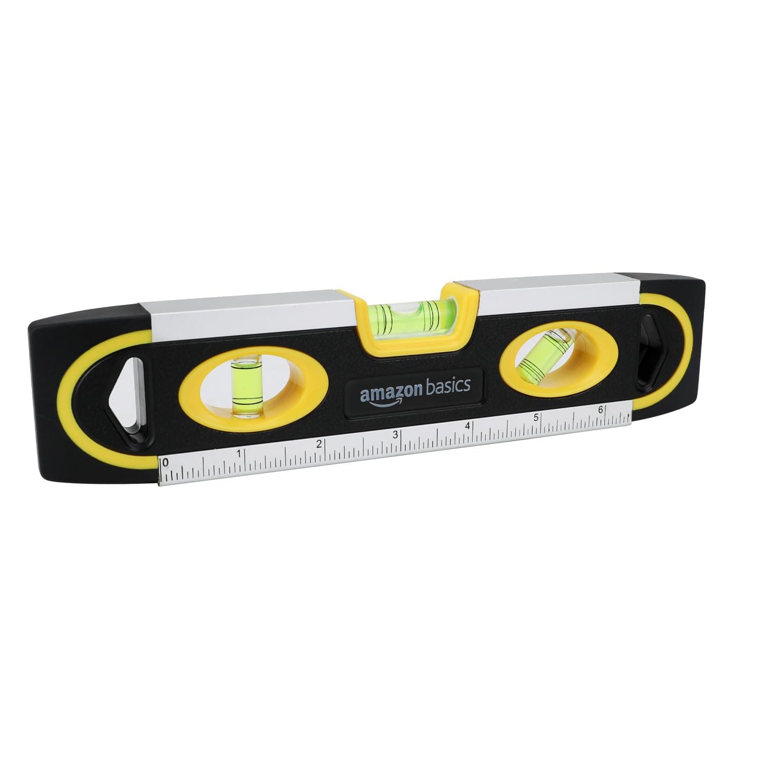 Amazon Basics 22.8 cm Magnetic Torpedo and Ruler Level Plumb/Level/180 90 45-Degree Bubbles, Black, Yellow