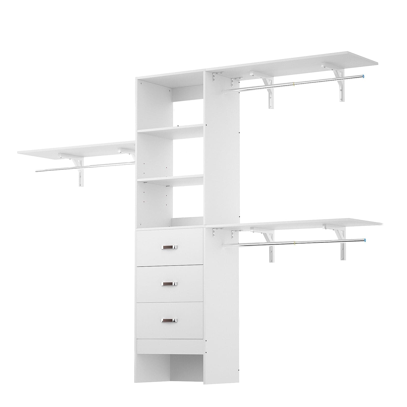iSunirm 8FT Closet System, 96'' Closet Organizer System with 3 Hanging Rods, Wall Mount Bedroom Wardrobe with 3 Drawers Walk-in Closet, Adjustable Cloth Garment Rack from 5 to 8FT (Cut to Fit), White