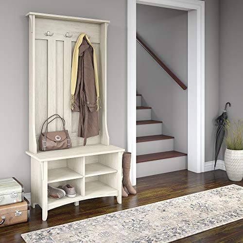 UNIVERSAL LTD Hall Tree with Storage Bench Shoe and Coat Rack in Antique White Entryway Storage Organizer Easy Assembly (Antique White)
