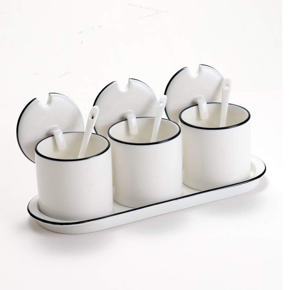 DecentGadget® 3PCS White Ceramic Spice Jar Set with Spoons Condiment Jar Kitchen Seasoning Box with Lid, Tray and Serving Spoons for Sugar Salt Pepper