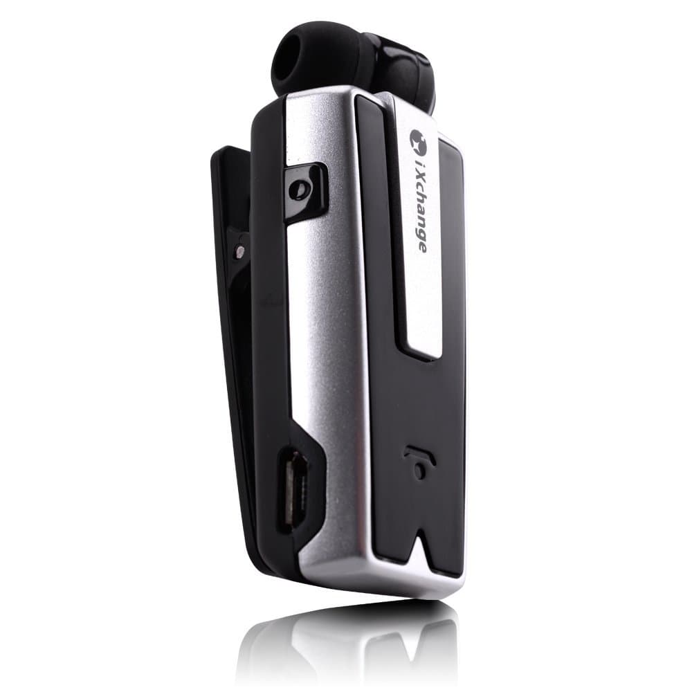 iXchange 4.1 Retractable Bluetooth Headset, Clip On Hands Free Bluetooth Headphone with CVC 6.0 Noise Cancellation Bluetooth Earbuds for Driving & Running & Working - Silver