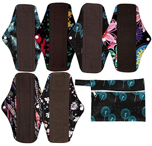 7pcs Set 1pc Mini Wet Bag +6pcs 10 Inch Regular Charcoal Bamboo Mama Cloth/Menstrual Pads/Reusable Sanitary Pads(Flower)