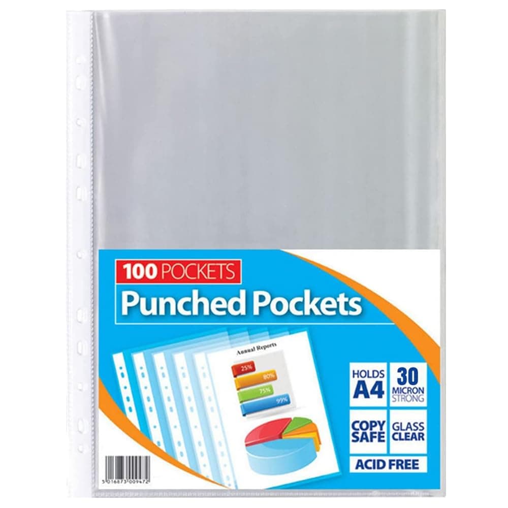 1ABOVE 30 Micron 100Pack A4 Glass Clear Plastic Wallets Punched Poly Pocket Paper Document Files