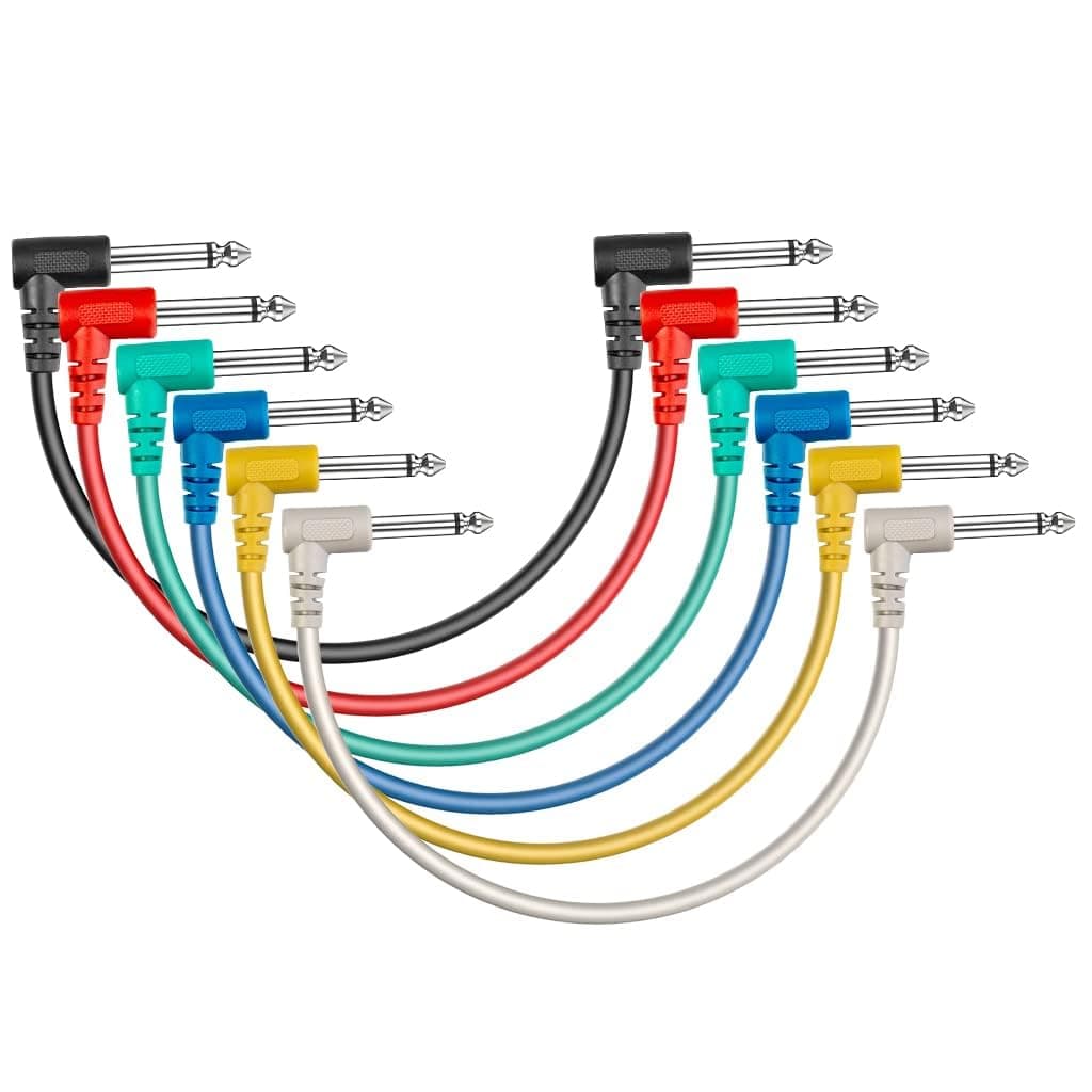 SONICAKE 8 Inch Guitar Patch Cables - Noiseless 1/4" Right Angle TS Mono Cords for Effect Pedals - Color 6 Pack
