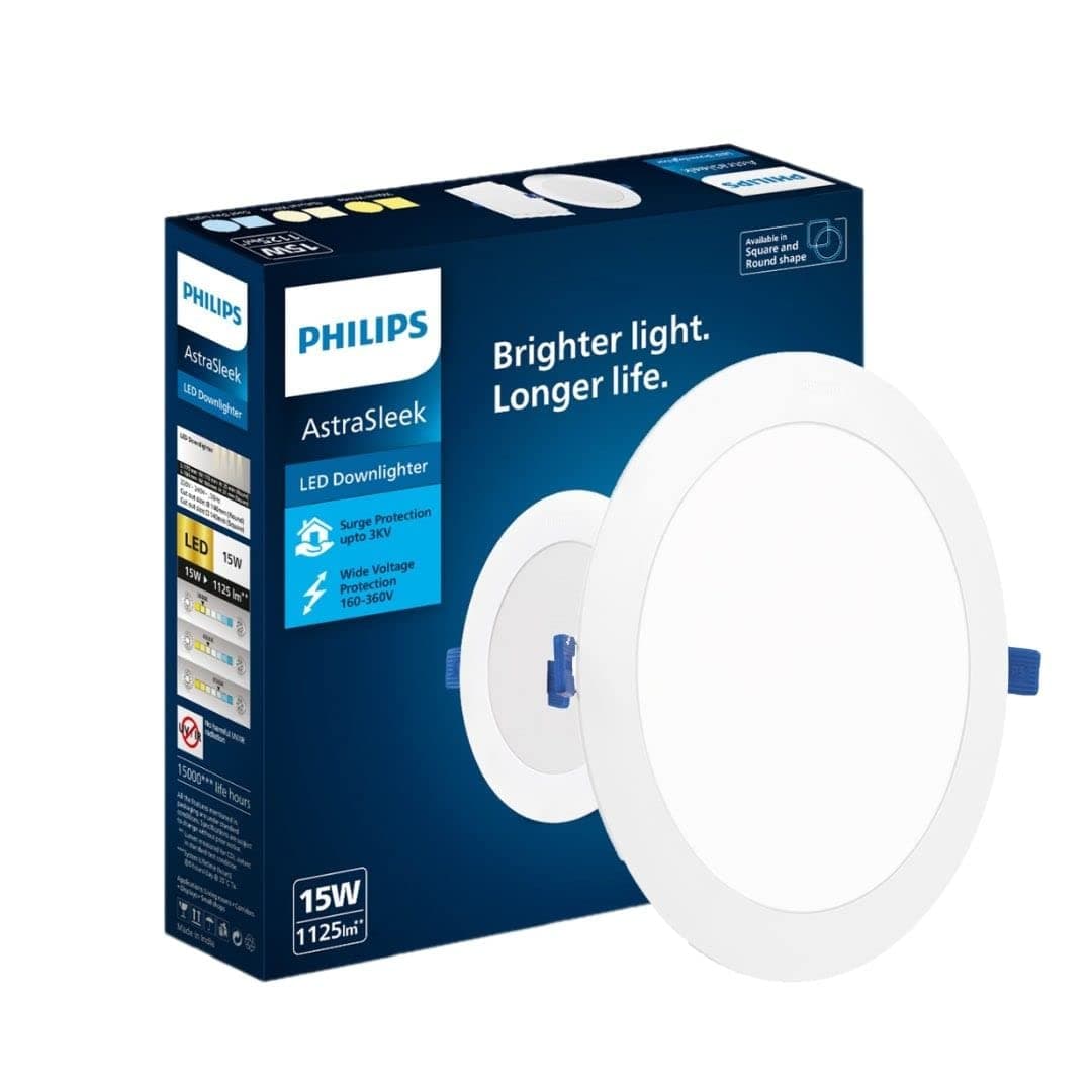 Philips Astra Sleek 15-watt Round LED Downlighter | LED Ceiling Light for Home and Hall | Cut Out: 140 mm, Color: Warm White, Pack of 1