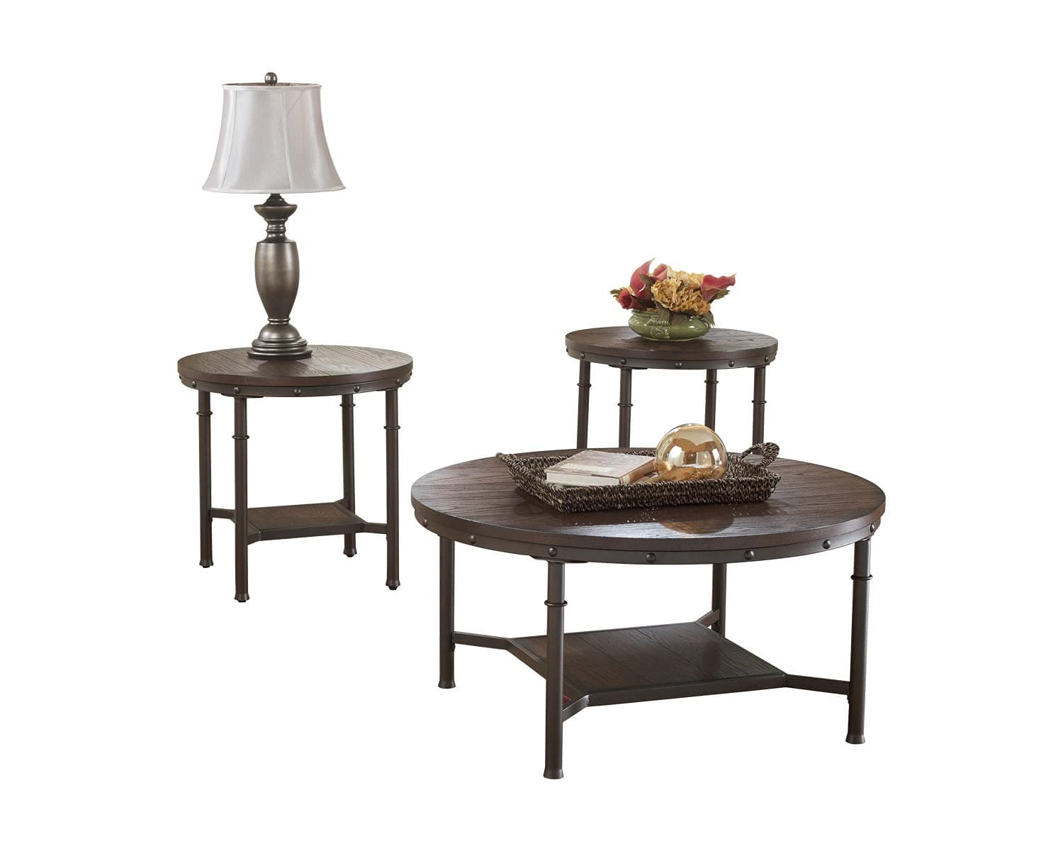Signature Design by Ashley Sandling Rustic 3-Piece Table Set, Includes 1 Coffee Table and 2 End Tables with Shelf, Brown