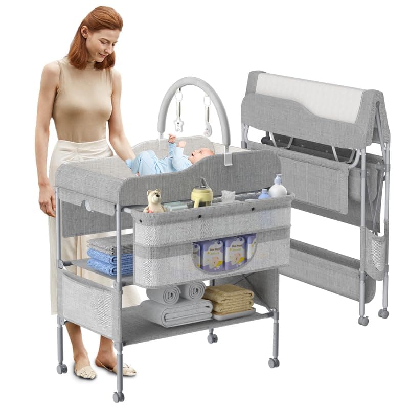 Portable Baby Changing Table, Foldable Changing Table Dresser Changing Station for Infant, Height Adjustable Waterproof Diaper Changing Table, Mobile Nursery Organizer for Newborn Essentials