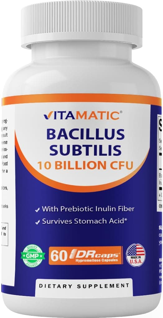 Bacillus Subtilis 10 Billion per DR Capsule - 60 Count - Digestive, Gut & Immune Health Support - Made with Prebiotic Inulin Fiber