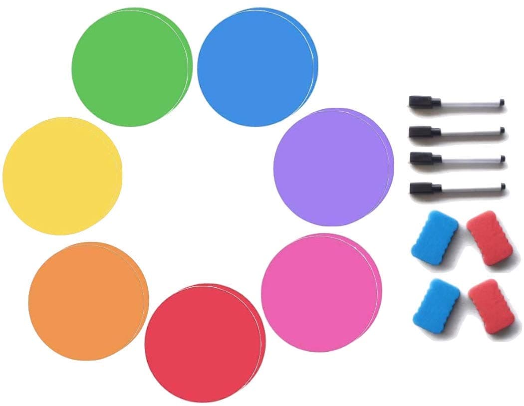 Table Dots Dry Erase Circles by Classroom Coach - High Quality PET Vinyl for Easy Erasing - Set of 14 Multicolor Circles Decals for Tables, Whiteboard, or Walls! Great Teacher Classroom Supplies (14)