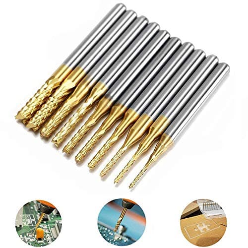 CuleedTec 10pcs 0.8-3.175mm Titanium Plating Carbide CNC Router Bits, End Mill Engraving Bits CNC Rotary Burrs Tool Set for PCB SMT Mold Plastic Fiber Carbon Fiber Hard Wood, 1/8” Shank