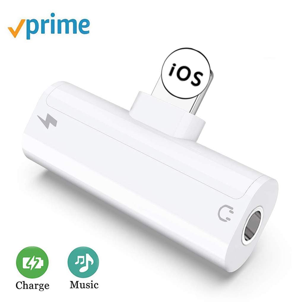 Headphone Adapter for iPhone X Adapter to 3.5mm Jack AUX Audio Earphone Adapter for iPhone 11/8/8Plus/7/7Plus/X/XS max Music & Charge Dongle Headset Convertor Accessories Support All iOS（Bright-White）