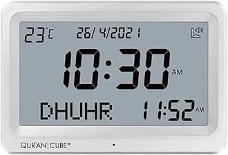 Quran Cube® Azan Alarm Table Clock, Islamic Automatic Prayer Clock, Digital Muslim Athan Prayer Clock, Ramadan Gift Prayer Alarm Clock for All Prayers (White)