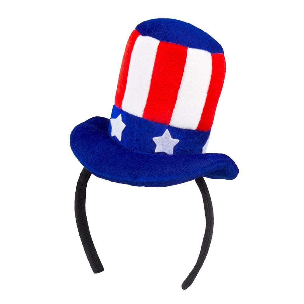Boland USA Themed Mini Top Hat on Headband, Uncle Sam Hat, Soft, Plush, 4th of July, Stars and Stripes, USA Fancy Dress Accessory, Headwear, Ladies, Party, Festival, Carnival, Adult, One Size