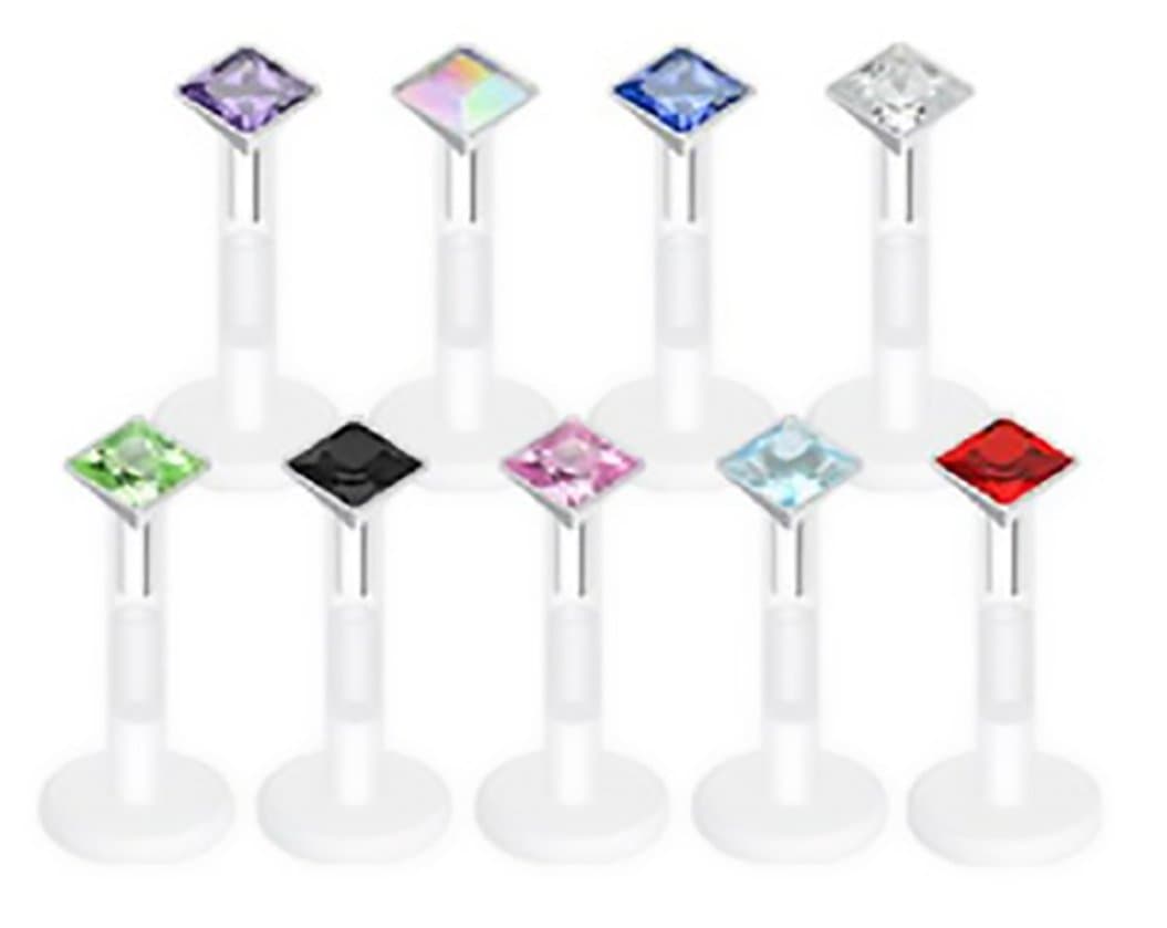 Square Diamond Cut 1/4" Press-Fit CZ Gem Bio-Flex Shaft Labret Monroe Body Jewelry Piercing Lip Chin Tragus targus