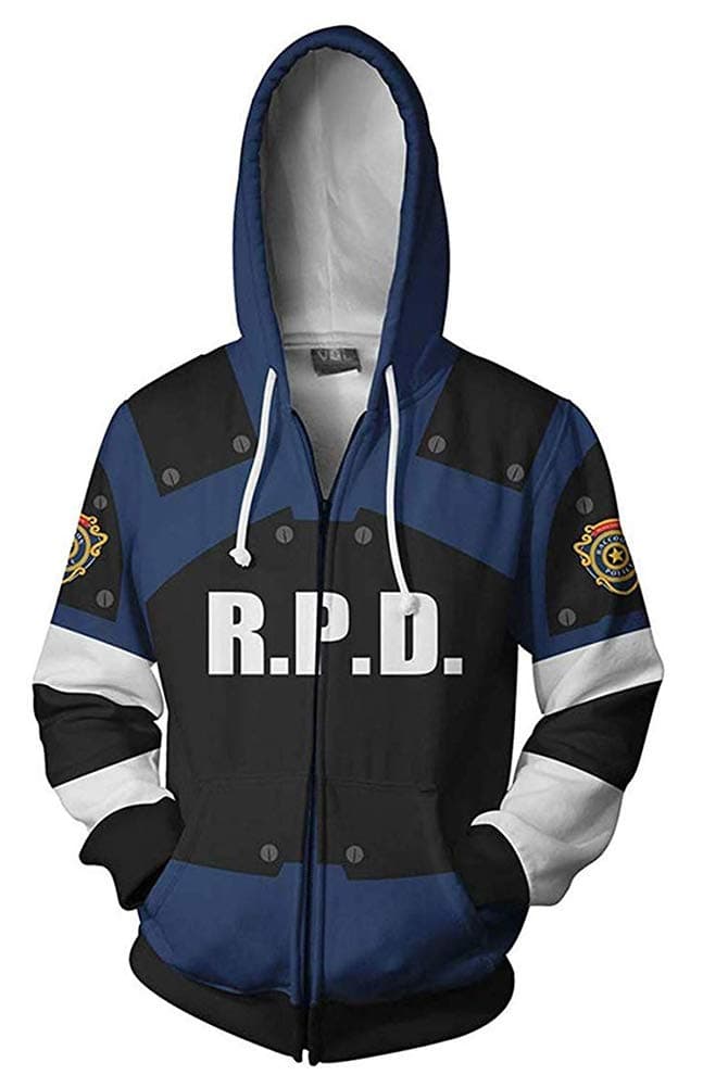 Leon Jacket Hoodie 3D Printed RPD Zip Up Hooded Pullover Sweatshirt Halloween Cosplay Costume (X-Large, Leon Hoodie)