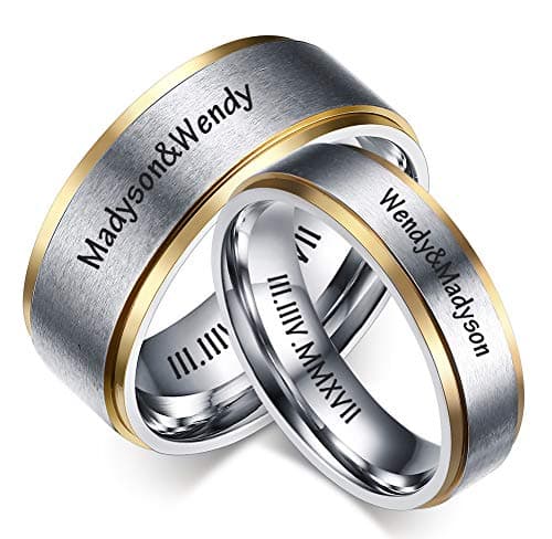 LMXXV Set for 2 Personalized Date Name Matching Ring Brushed Finish Stainless Steel Couples Ring for Wedding Band