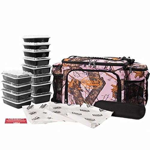 Meal Prep Lunch Box ISOBAG - Large Insulated 6 Meal Prep Bag/Cooler With 12 Containers, 3 Ice Packs & Shoulder Strap (Mossy Oak Winter Pink) - MADE IN USA
