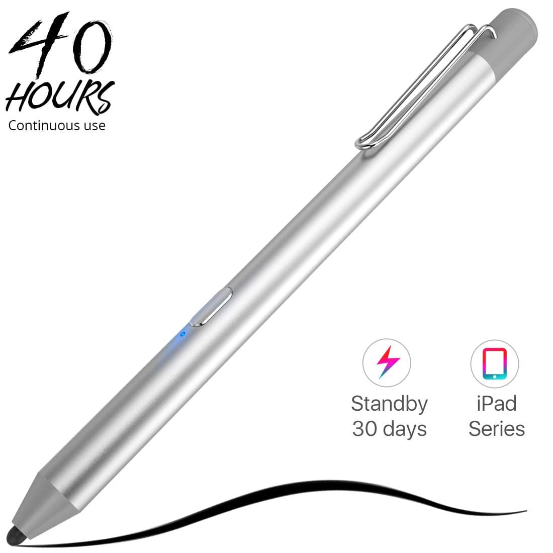 Active Stylus Pen, Auto Power Off Rechargeable Capacitive Digital Pen for iPad, Support 30-Days Standby & 40-Hours Using Time Digital Pen for Drawing Compatible with iPad Series (Silver)