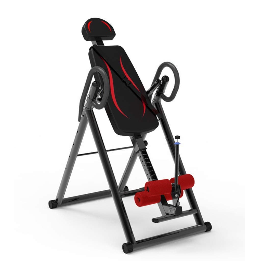 Inversion Table, Foldable Space-Saving Inversion Table Fitness Chiropractic Back Stretcher Heavy Duty Reflexology Mat, with Adjustable Headrest and Protective Belt, Max Load 300 lbs Black Red