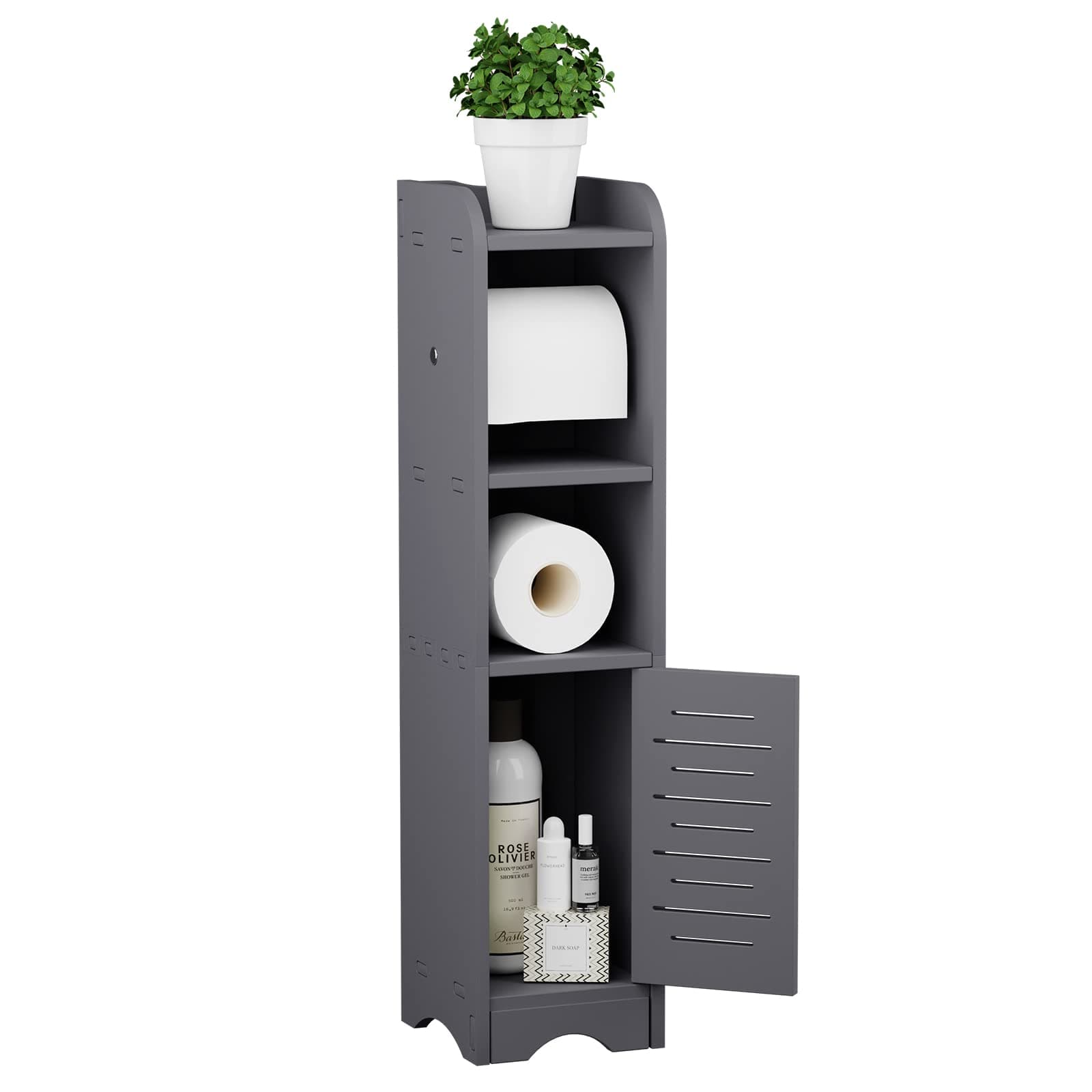 GAKOV Small Bathroom Storage Cabinet with 1 Doors & 3 Shelves, Bathroom Organizer for Small Space and Corner, 4-Tier Toilet Paper Storage Stand for Storing Various Toiletries(Dark Grey)