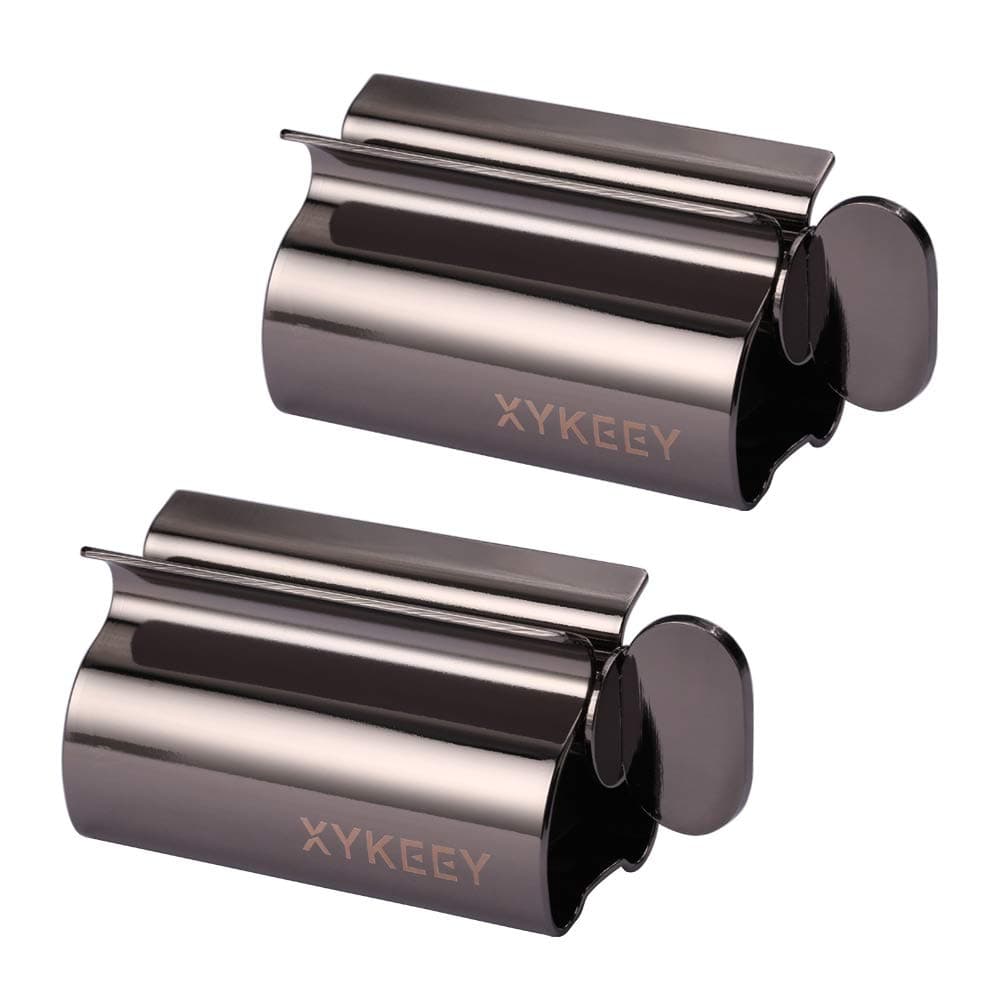 XYKEEY Toothpaste Tube Squeezer - Set of 2 Toothpaste Squeezer Rollers, Metal Toothpaste Tube Wringer Seat Holder Stand (Black)
