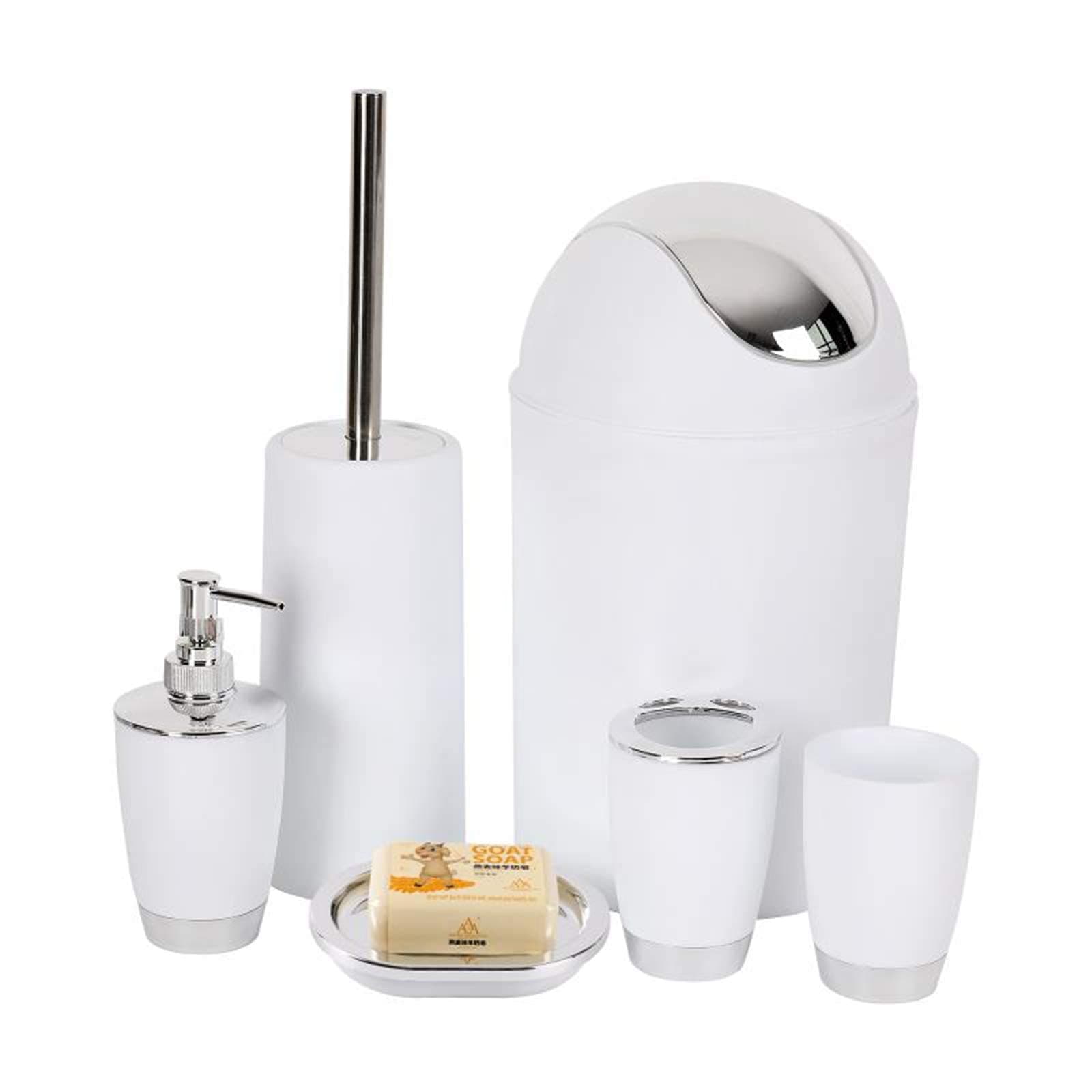 YCOCO 6 Pcs Plastic Bathroom Accessories,Includes Toothbrush Holder,Toothbrush Cup,Soap Dispenser,Soap Dish,Toilet Brush,Trash Can,White