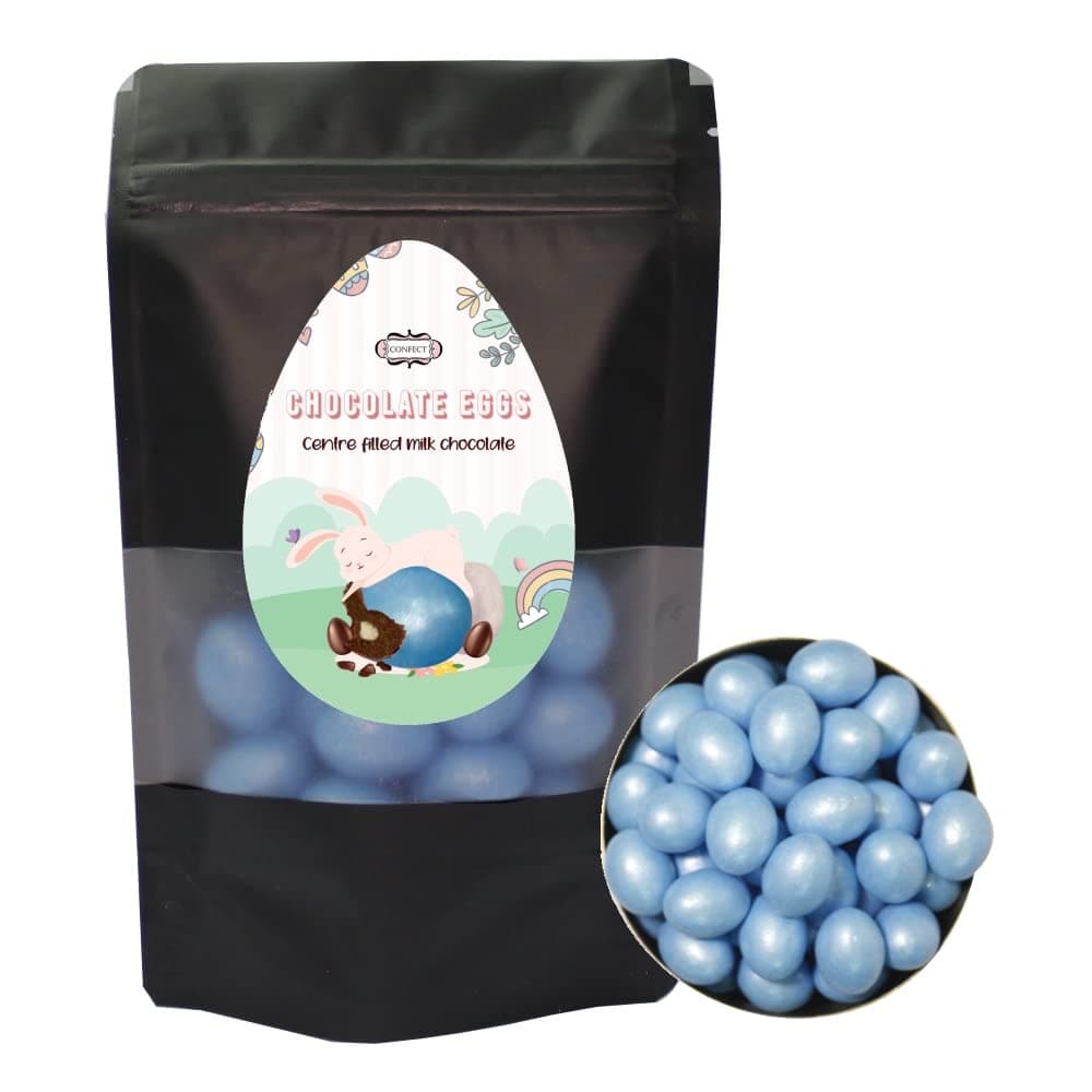 Confect Chocolate Eggs Milk Chocolate with crisp sugar Shell Candy, Easter, Resealable bag - Blue 52 Pcs