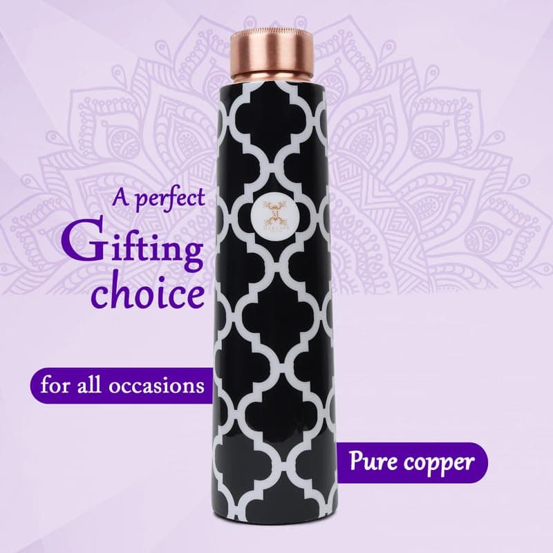 Pure Copper Water Bottle with Ample Multi Colored Printed Design, Joint Less, Advanced Leak Proof Protection, Ayurveda, and Yoga Health Benefits (900 Ml Bottle)