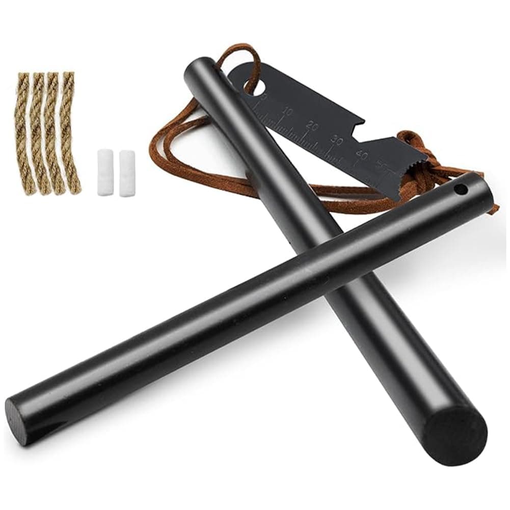 Fire Starter Survival Tool, Ferro Rod Kit with Leather Neck Lanyard and Multi-Tool Striker, Flint and Steel Survival Igniter with Tinder Rope and Tab for Camping, Hiking and Emergency