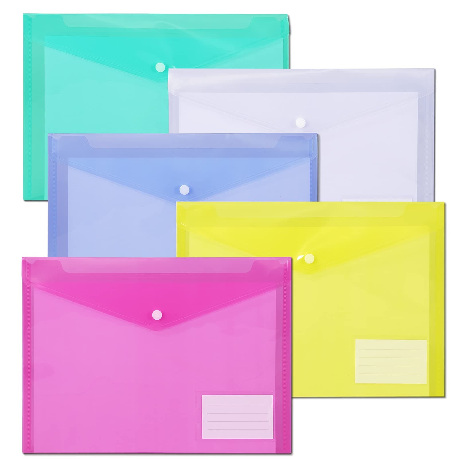 10 Pack Plastic File Folders with Label Pockets - US Letter & A4 Size Clear Document Envelopes, Assorted Color Poly Organizers for Office School Supplies