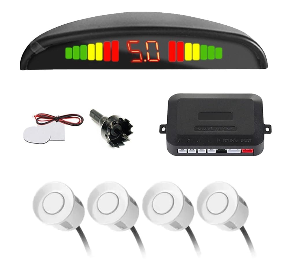 E-GENERIX® Car Reverse Parking Sensor Set of 4 White Sensors with LED Display Buzzer and Control Box Radar Beep Sound Alert System Auto Object Detector for Universal Cars (White)