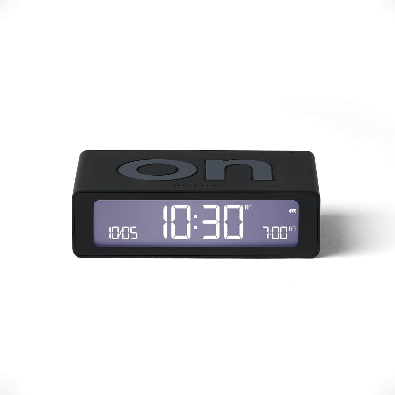Lexon Flip Mini digital alarm clock, On Off LED clock with Adjustable Brightness, Rechargeable or Mains Powered, Sleek Retro Bedroom Decor Ideal for Alarm Clocks Bedside Use - Black
