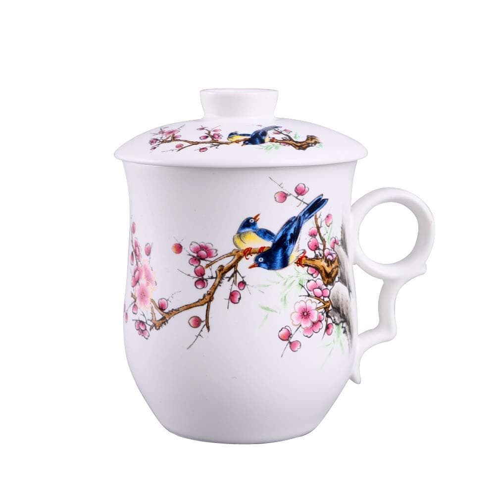 Ceramic Tea Mug with Lid, Anti-scalding Handle Design Coffee Mug or Porcelain Cup, Great for Tea Lover Gift (Magpie)