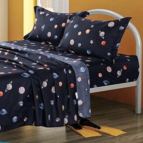 Totoro Planet Printed Queen Sheet Set, 4 Piece Bed Sheet with 1 Queen Fitted Sheet 1 Flat Sheet 2 Pillowcases, Soft Breathable Mattress Set for Kids Bed