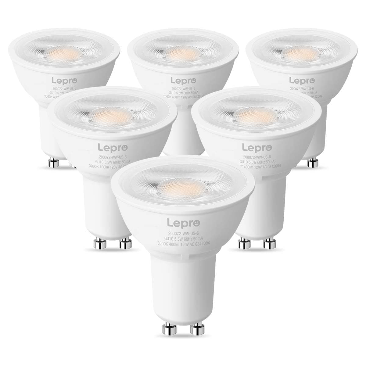 GU10 LED Bulbs, 50W Halogen Equivalent, 40° Dimmable Spot Light, Soft Warm White 3000K, 5.5W 400Lm, LED Replacement for Built-In Track Lighting, 6 Pack