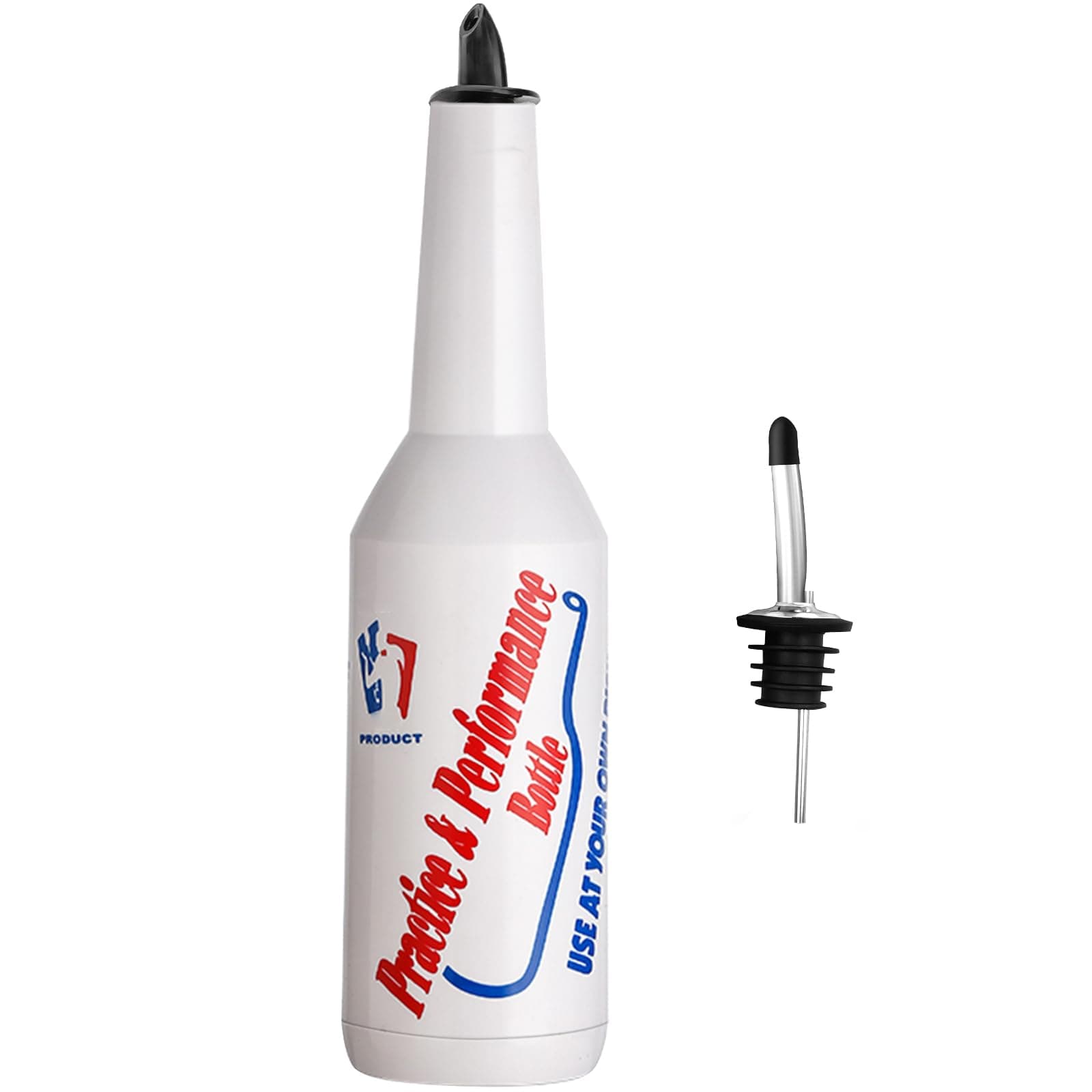 1pcs Flair Bottle 25oz/750ml White Plastic Reusable Bartending Practice Bottle with 1 Plastic & 1 Stainless Steel Pourer